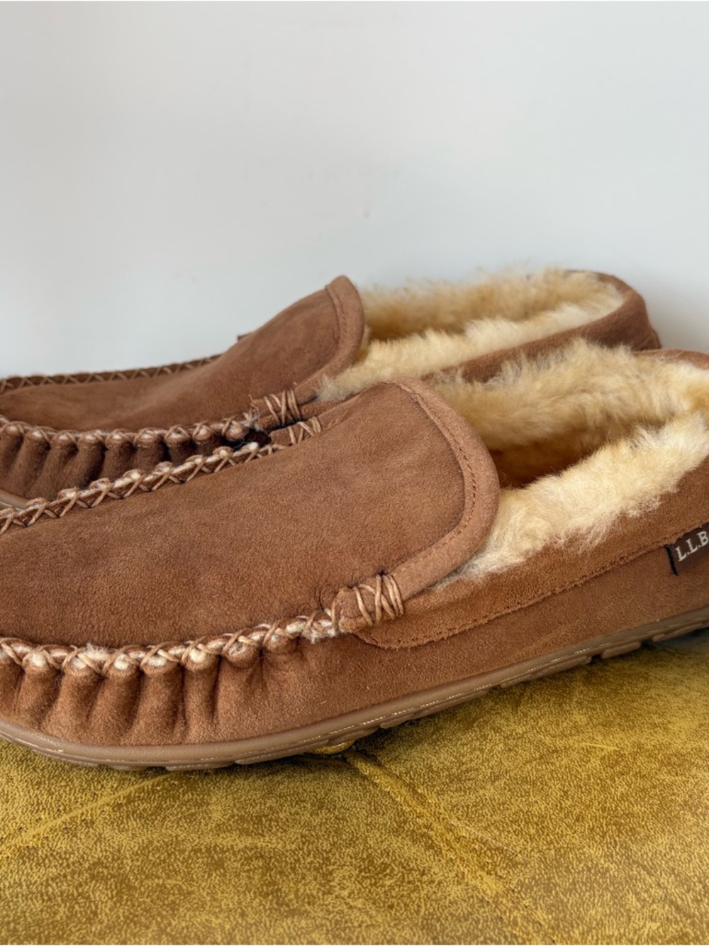 L.L. Bean Men’s Wicked Good Moccasins – Brown Suede Shearling Slipper – Size 7M - Picture 2 of 11